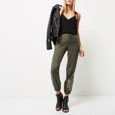 Khaki green embroidered trousers